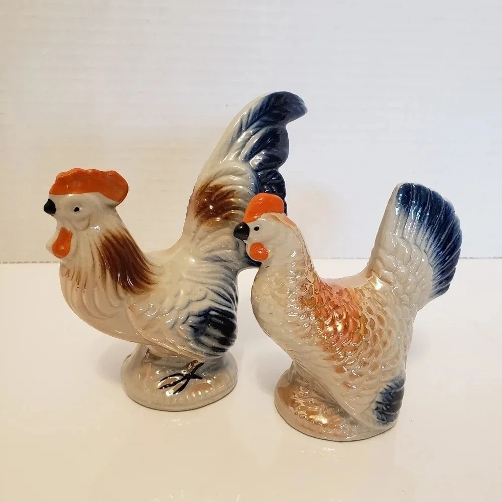 Vintage set of 2 Lusterware Mini Rooster and Hen Figurines.